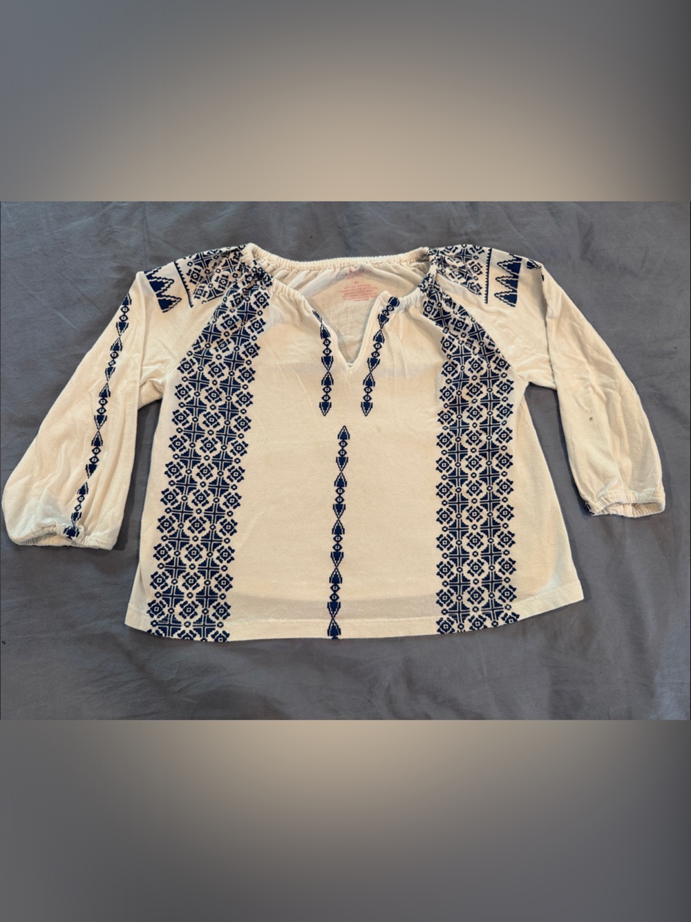 Pink Chicken Cream Peasant Top with Navy Embroidery 5Y